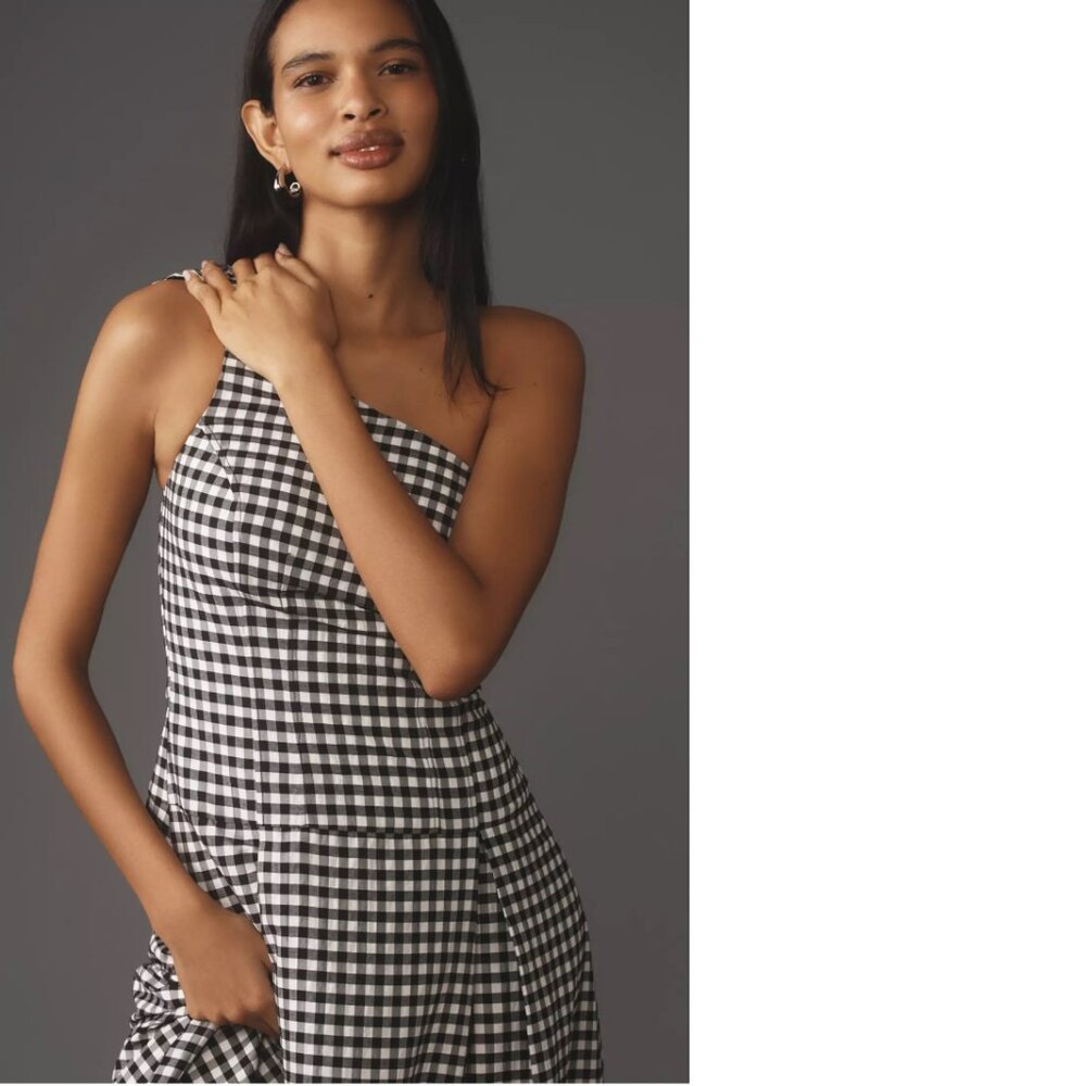 By Anthropologie One-Shoulder Gingham Midi Dress LP PL  black color - Picture 5 of 7